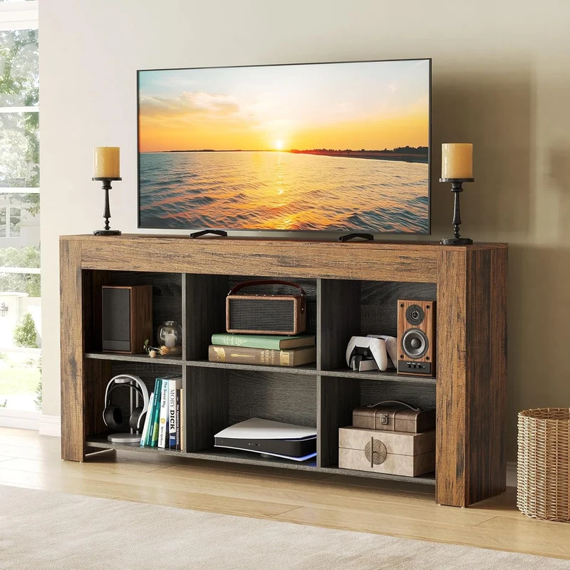 Sofatafel – Console Tafel – Bijzettafel – Sidetable – Wandtafel – 160 cm Lang – Houtvezelplaat & Hardhout – 2-laags Met 6 Opbergvakken – Smal Design Voor Hal Woonkamer