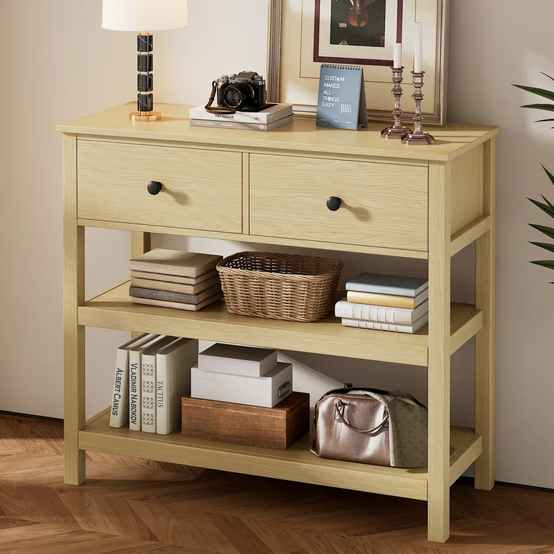 Sidetable – Consoletafel – Haltafel – Wandtafel – Bijzettafel – Natuurlijk Bamboe – Smal Design met 2 Lades en Open Planken – Duurzaam & Eenvoudig te Monteren