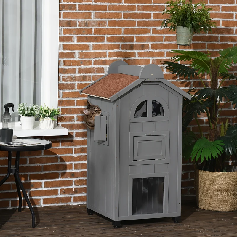 Kattenhuis – Kattenmand – Kattenhok – Kattenkast – Kattenbed – Duurzaam Bamboe – Compact Ontwerp 59x55x109 cm – Modern Grijs – Multifunctioneel Indoor Kattenmeubel
