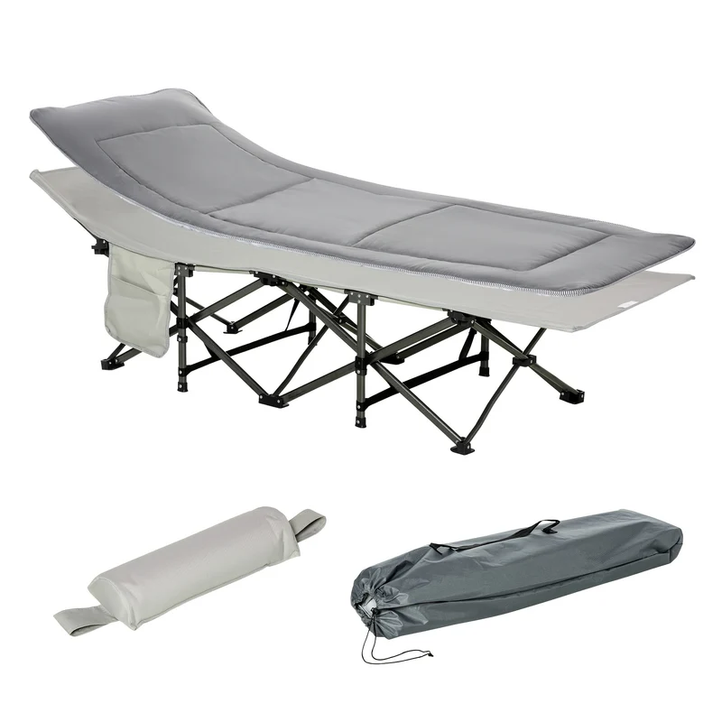 Campingbed – Reisbed – Campingbedje – Inklapbaar Bed – Ligbed – Lichtgrijs – Met Kussen en Zijzakken – Draagkracht 150 kg