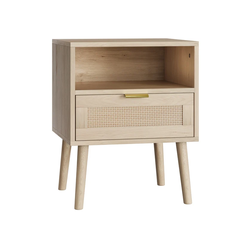 Nachtkastje – Bijzettafel – Kastje – Nachtmeubel – Slaapkamerkastje – Open Planken – Gouden Handgrepen – Natuurlijk Design – 45x40x55 cm – Stevig en Lichtgewicht