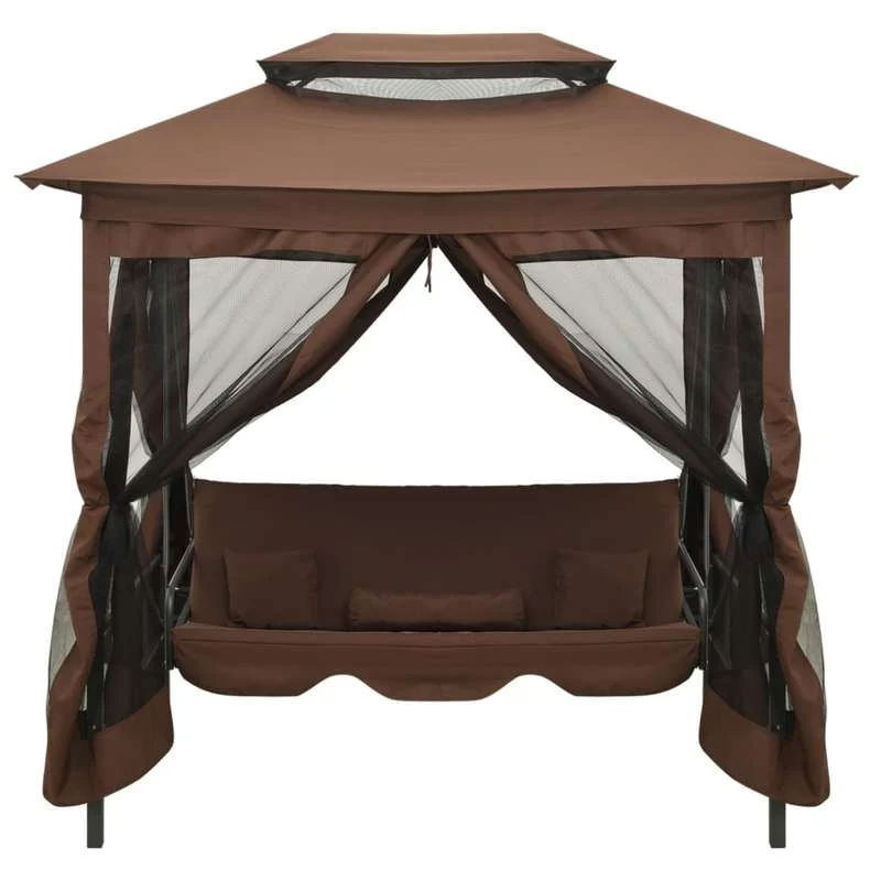 Schommelbank – Tuinschommel – Hollywoodschommel – Tuinbank – Schommelstoel – Verstelbare Luifel – Weerbestendig Stalen Frame – Inclusief 4 Comfortkussens – 220x160x240 cm – Koffiebruin