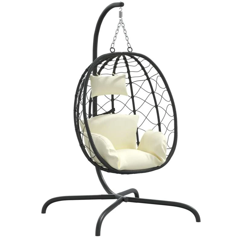 Hangstoel – Hangstoel met Standaard – Egg Chair – Hangmand – Schommelstoel – Kunststof Rattan – Stalen Frame – Incl. Creme-wit Kussen – Max. Belastbaar 150 kg