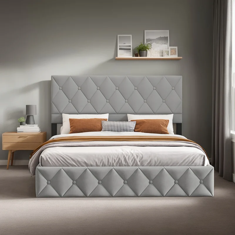 Gestoffeerd Boxspringbed – Opbergbed – Bed Met Opbergruimte – Boxspring Met Lift – Tweepersoonsbed 160x200 cm – Hydraulische Lift – Hoog Model Knopen Hoofdsteun – Houten Lattenbodem