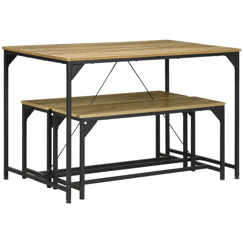 Eettafelset – Tafel met Banken – Eettafel Bank – Keukentafelset – Industriële Eetset – Vintage Stijl – Ruimtebesparend Ontwerp – Gehard Staal & Houtlook