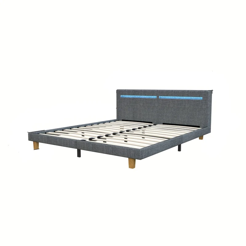 Bedframe – Tweepersoonsbed – Stalen Frame – Houten Lattenbodem – Gestoffeerd Bed – 140x200 cm – Stevig Tot 360 kg – Donkergrijze Katoen Schuimvulling
