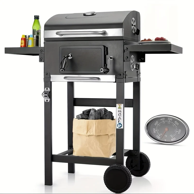Houtskoolbarbecue – BBQ Grill – Smoker – Buitenbarbecue – Tuinbarbecue – Dubbel Grilloppervlak – Ingebouwde Thermometer – Verstelbare Houtskoolbak – Wielen Met Rem – Robuuste Metalen Constructie