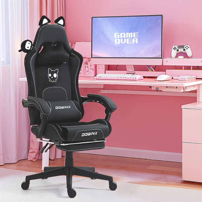 Gamingstoel Roze – Gaming Chair – Bureaustoel – Office Chair – Kantoormeubel – Ergonomisch Ontwerp – Verstelbare Voetensteun – 136 kg Draagkracht – PU Kunstleer Metalen Frame – Handmatige Rugleuning – Anime Meisje Hartvormige Details