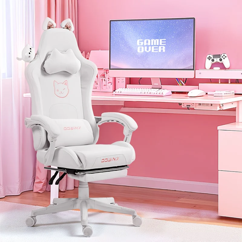 Gamingstoel – Bureaustoel – Gamedraaistoel – Kantoorstoel – Pink Gaming Chair White Cat Variant – Ergonomisch Met Verstelbare Voetsteun – Met Metalen Frame En PU-Leder