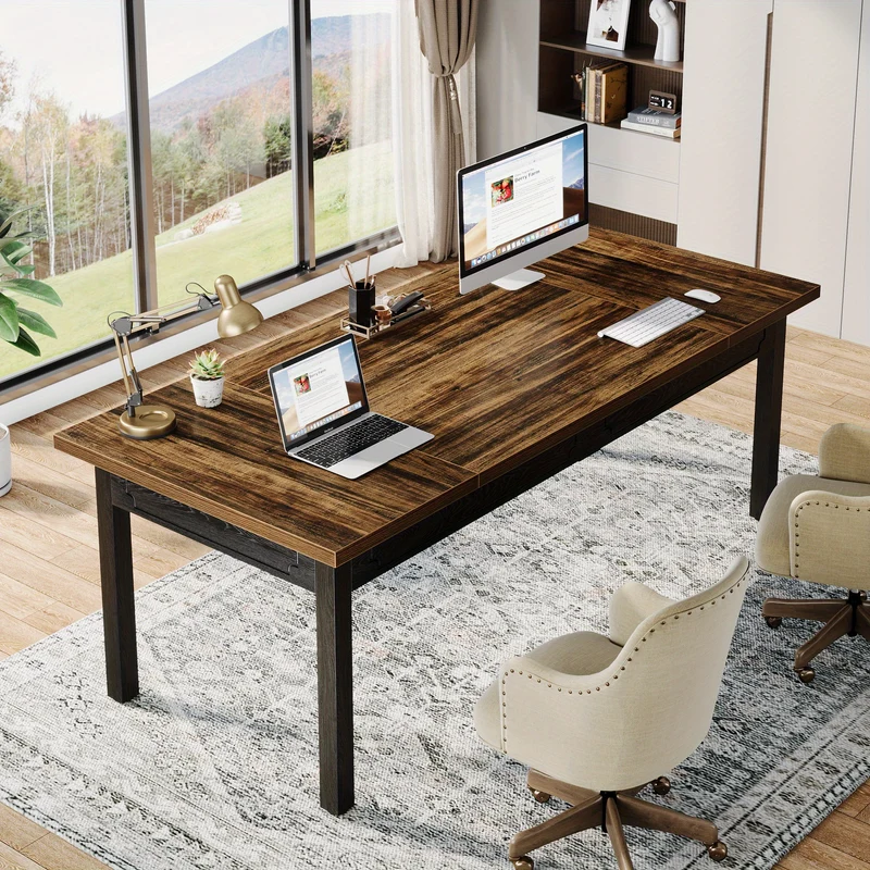 Bureau – Werkplek – Schrijftafel – Tafel – Computertafel – Rechthoekig – Stevig Metalen Frame – Rustiek Bruin Houten Blad