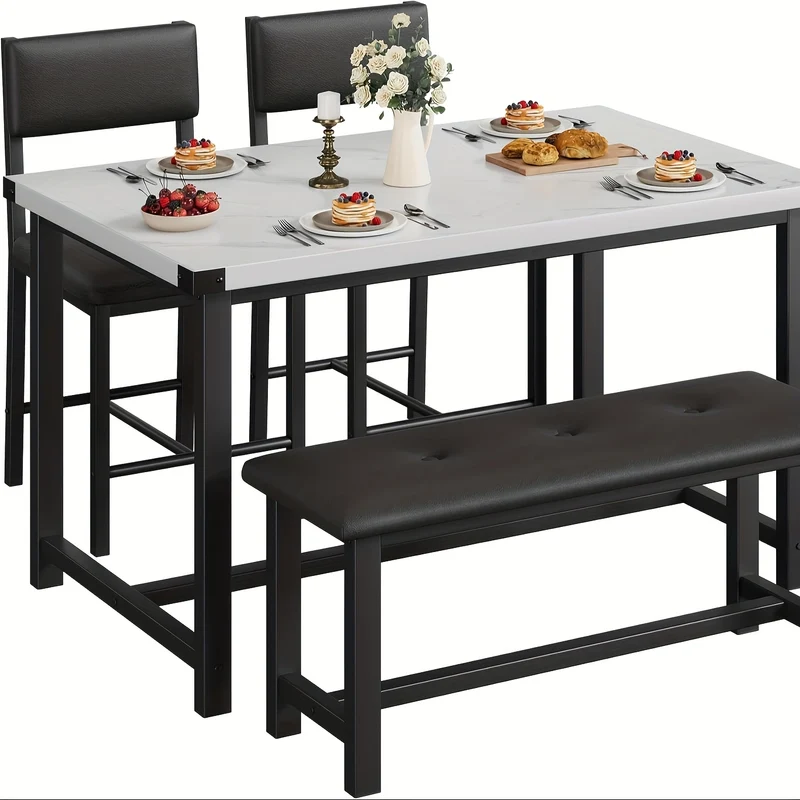 Eettafelset – Eettafel – Stoelenset – Bank – Tafel met Stoelen – Wit Kunstmarmer Blad – Compact 4-Zits – Duurzaam Houten Frame