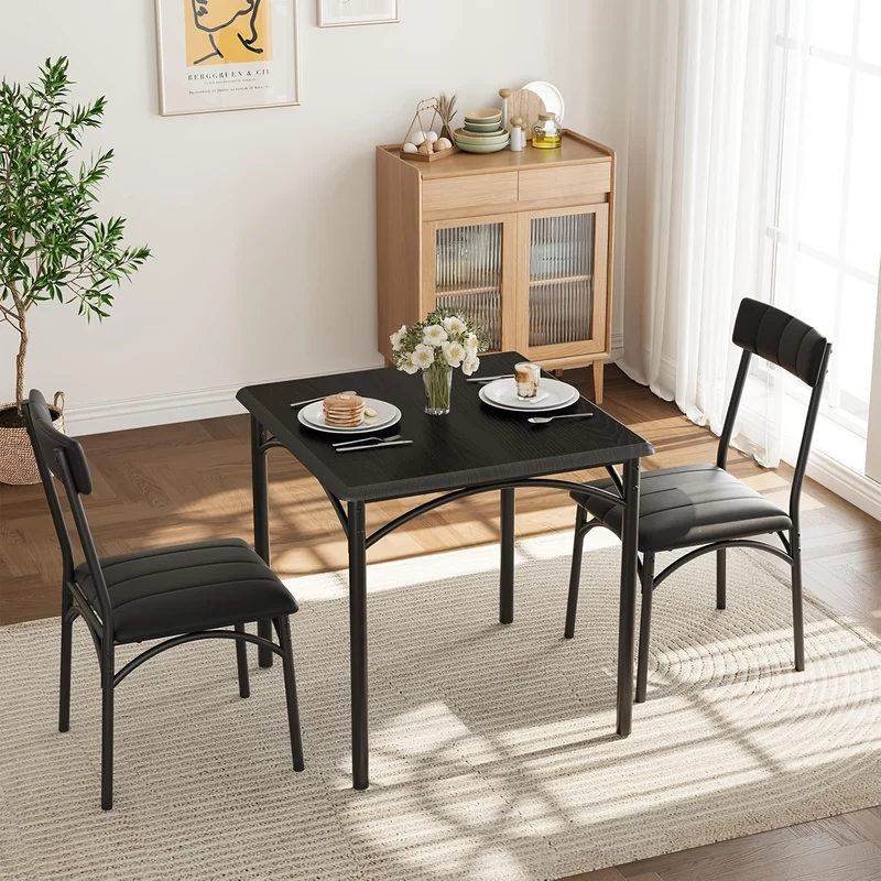 Eettafelset – Eettafel Met Stoelen – Dining Set – Keukentafel – Bistro Set – Zwarte MDF Tafel – Comfortabele Gestoffeerde Stoelen – Compact Ruimtebesparend Design