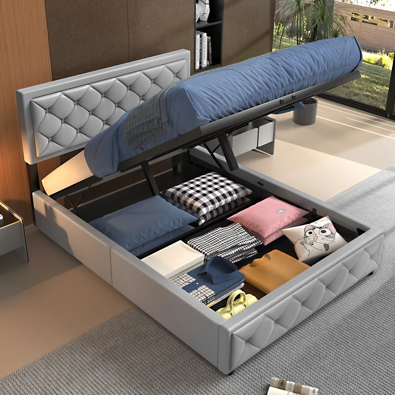 Tweepersoonsbed – Bedframe – Slaapbank – Opbergbed – Gasveerbed – Donkergrijs – 140x200 cm – Met Opbergruimte – Gaslift Systeem