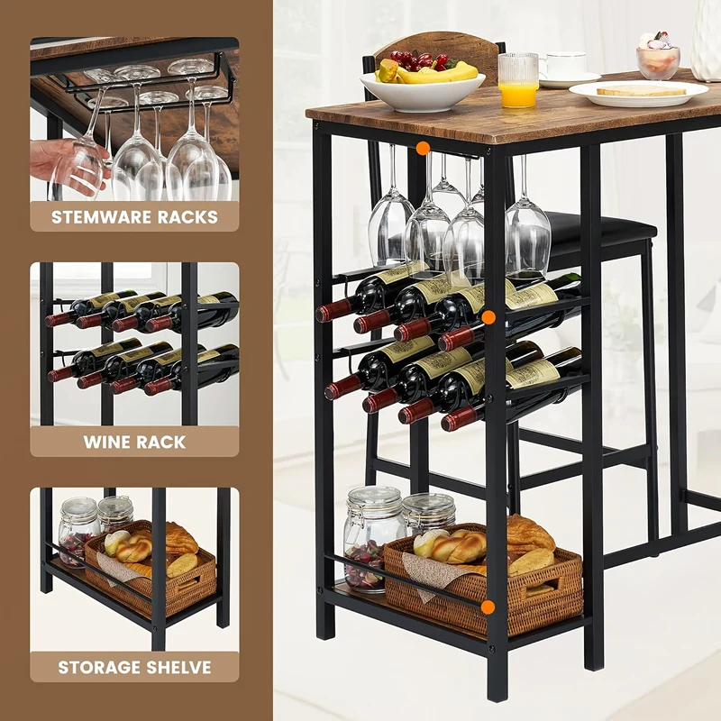 Bar Tafelset – Barset – Barkrukken Set – Bistro Set – Keuken Tafelset – Compact Design – Gestoffeerde Stoelen met Voetensteun – Stevig MDF en Metalen Frame – Eenvoudig Zelf Te Monteren – Vintage Bruin