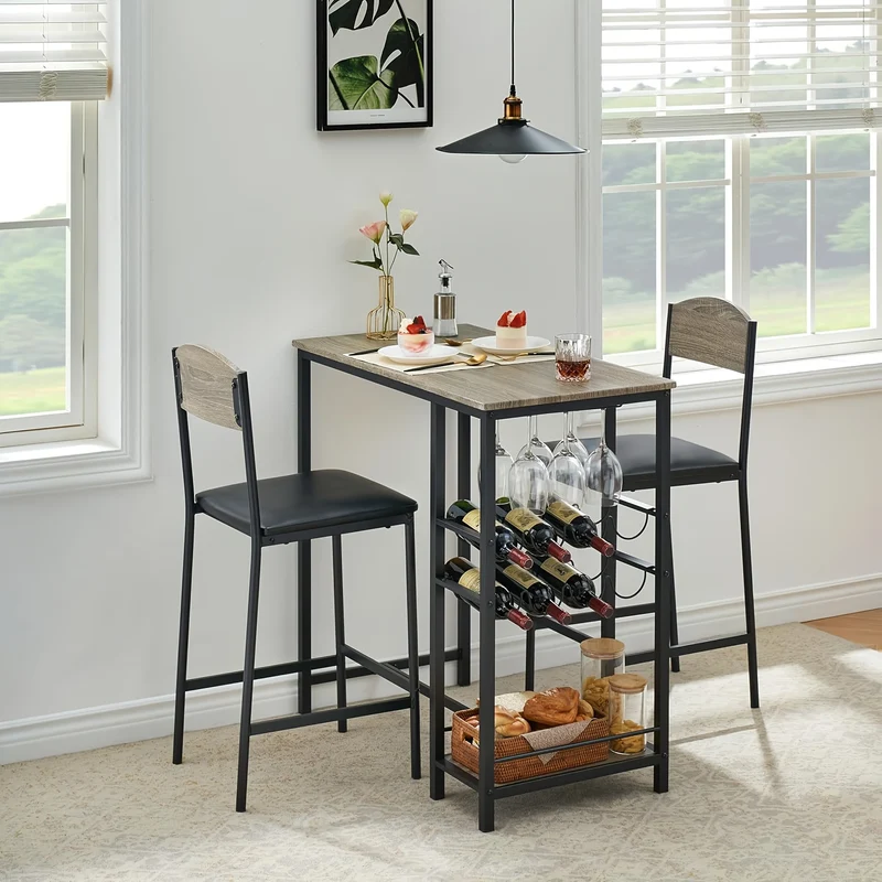Barset – Bartafelset – Barmeubel – Barkrukset – Barstoelen – Grijs – Compact Design – Stevig Metaal En Hout