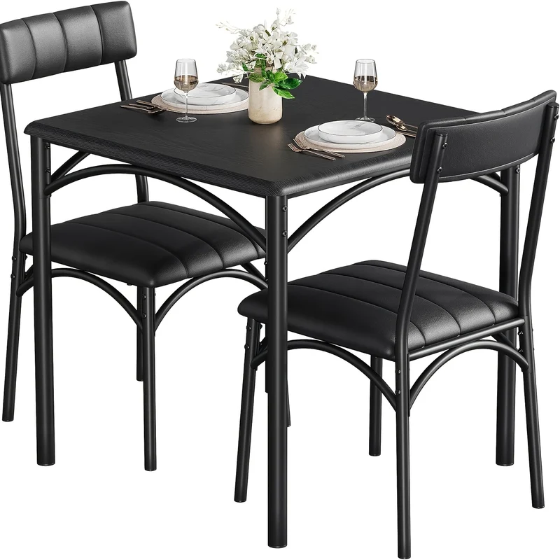 Eettafelset – Dinerset – Tafel Met Stoelen – Eettafel Met Stoelen – Compacte Eetset – Industrieel Design – Matzwart MDF Tafelblad – Gestoffeerde Slat-back Stoelen
