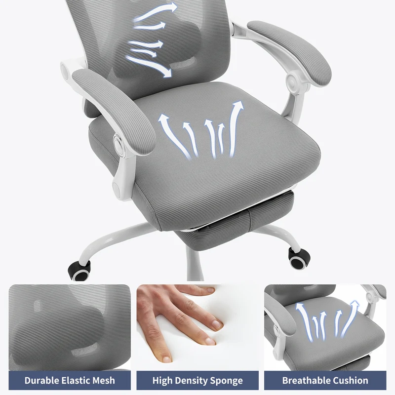 Ergonomische Bureaustoel – Bureaustoel Met Voetensteun – Kantoorstoel – Comfortabele Werkstoel – Gamestoel – Verstelbare Lendensteun – Ademend Mesh – 360° Draaibaar Met Metalen Frame – Grijs