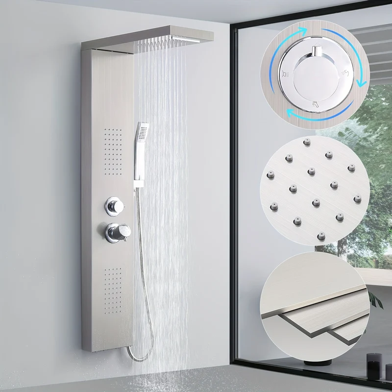 Douchepaneel – Douchekolom – Regendouche – Massage Douche – Handdouche – RVS Geborsteld – 4 Waterfuncties – Thermostaatkraan