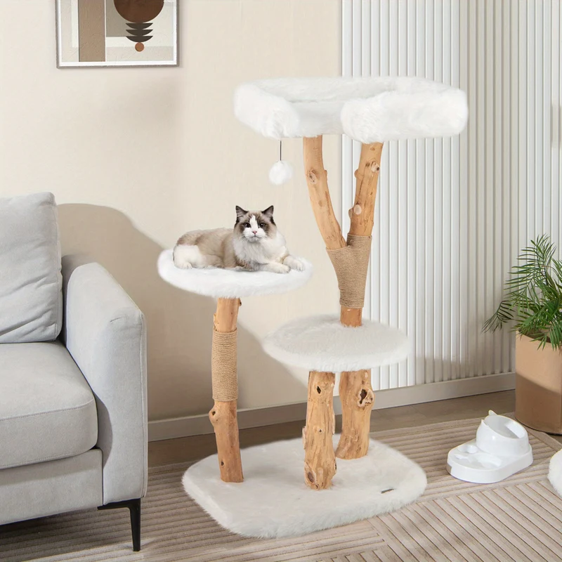 Krabpaal Kat – Kattenboom – Krabmeubel – Klimpaal – Kattenklimtoren – Massief Perenhout – Jute Krabpalen – 111 cm Hoog – Zachte Pluche Ligplekken