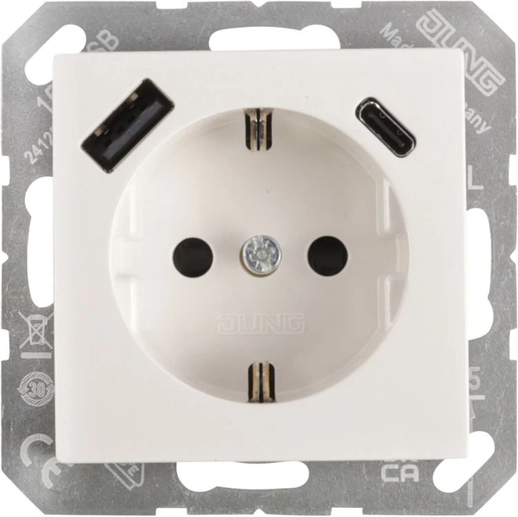 Jung inbouw stopcontactdoos met USB A/C 1-voudig randaarde polar wit