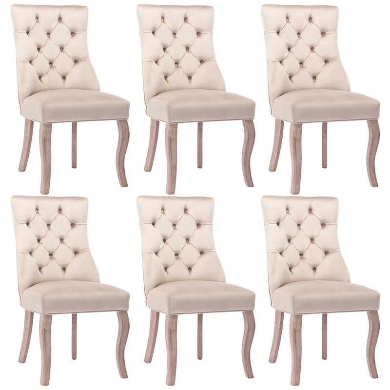 Eetkamerstoel – Fluwelen Stoel – Comfortabele Stoel – Hoge Rugleuning – Massief Rubberhout – Draagvermogen 150 Kg – Zachte Schuimlaag - 6 Stuks - Beige