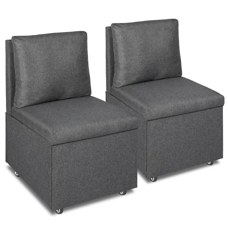 Eetkamerstoelen – Gestoffeerde Stoelen – Stoelen Met Wielen – Opbergruimte Stoelen – Zacht Kunstlinnen – Houten Frame – 24 Liter Opbergvak - Grijs