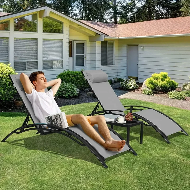 3-Delige Loungeset – Buitenmeubilair – Ligstoel – Tuinset – Verstelbare Rugleuning – Aluminium Frame – Weerbestendig - Grijs
