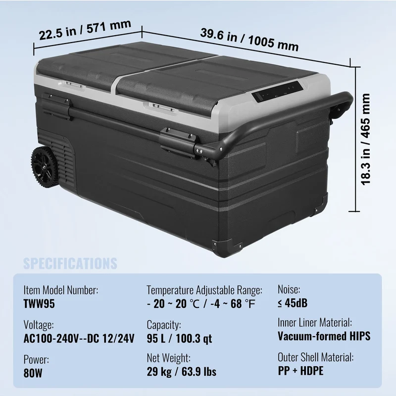 VEVOR Car Refrigerator 12 Volt 95 L Dual Zone Portable -4℉-68℉ 12/24V DC and 100-240V AC Compressor Cooler for Outdoor Camping