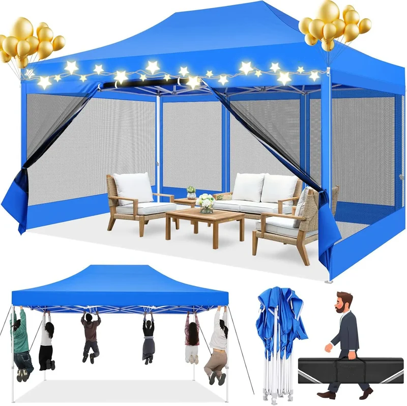 Tuinpaviljoen – Tuinhuisje – Pop-Up Tent – Buitenverblijf – Luifel – Waterdicht Frame – Verstelbare Hoogte - Blauw