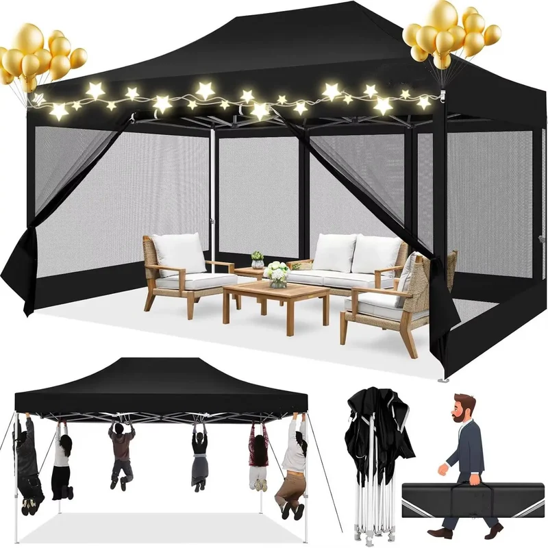 Tuinpaviljoen – Tuinhuisje – Pop-Up Tent – Buitenverblijf – Luifel – Waterdicht Frame – Verstelbare Hoogte - Zwart
