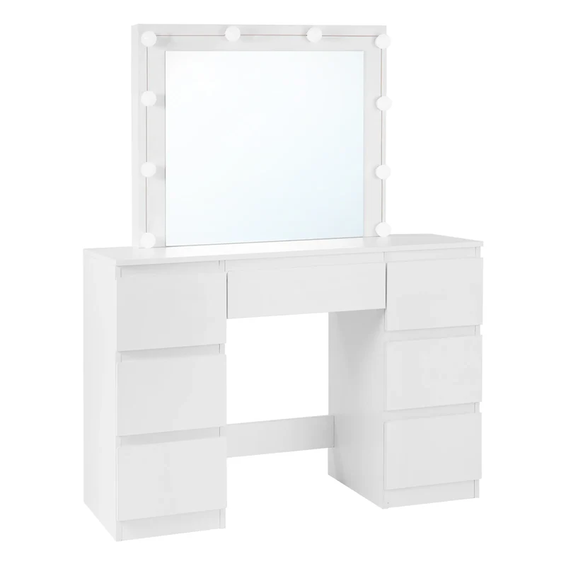 Kaptafel – Make-Up Tafel – Beautytafel – Schminktisch – LED-Verlichting – 7 Laden – Waterafstotend Hout - Wit