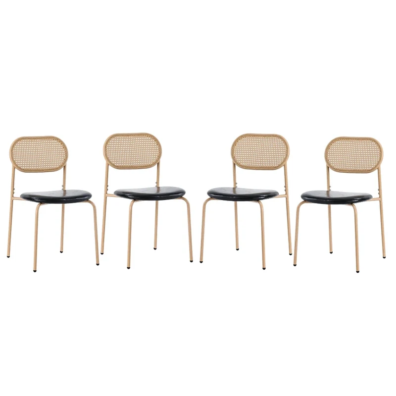 Eetkamerstoelen – Stoelen – Rattan Stoelen – Metalen Poten – Set Van 4 – Ergonomisch Ontwerp – PU Zitting - Zwart