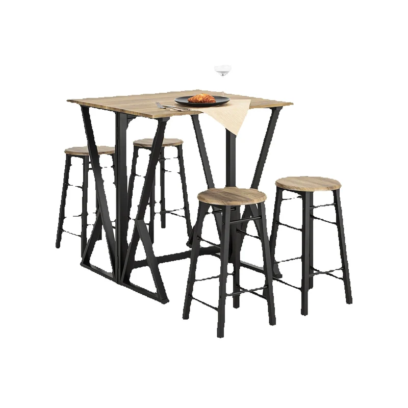 Eettafelset – Klaptafel – Stoelenset – 5-delige Eethoek – Compact – Klapblad – Metalen Frame - Khaki-beige