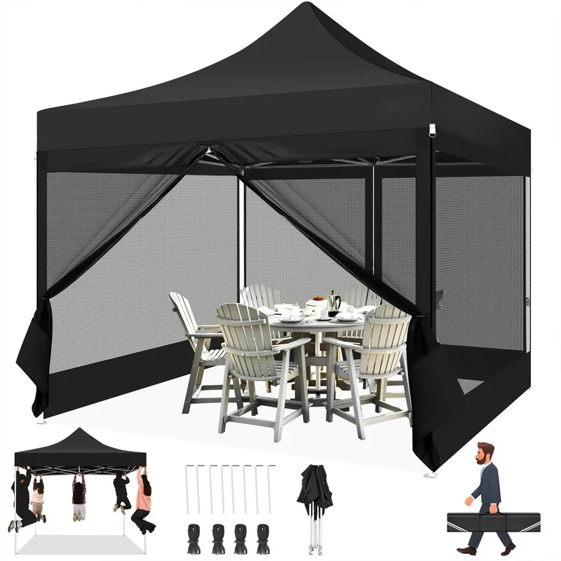 Opvouwbaar Tuinhuisje – Pop-Up Tent – Overkapping – Insectenbescherming – Waterdicht Oxford – Drie Verstelbare Hoogtes - Zwart