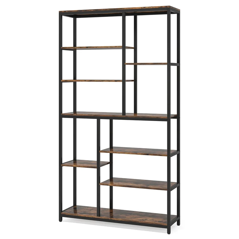 Boekenkasten - Boekenplanken - 9-Tier - Boekenkasten Hout – Vrijstaand Wandrek - met Metaalen Frame – Planken voor Boeken - Dossiers - Decoratie – Geschikt voor Woonkamer - Slaapkamer - Kantoor – 30.5 x 101.5 x 200 - Bruin