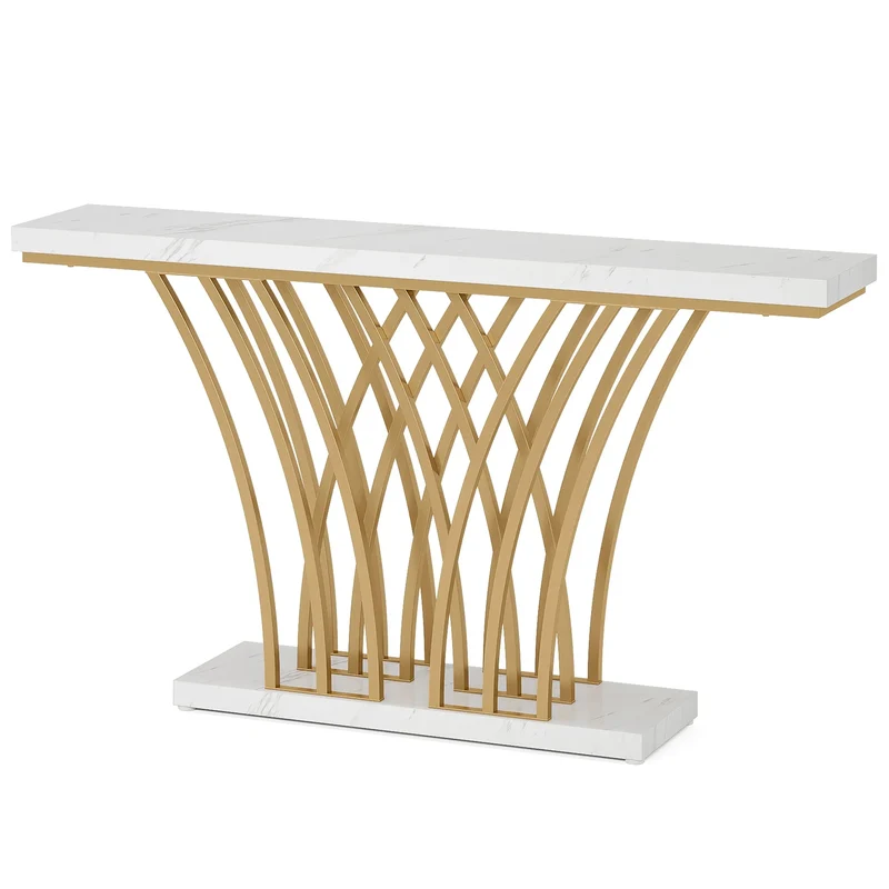 Consoletafel - Wandtafel - Haltafel - Sidetafel - Moderne Stijl - met Rastervormige Metalen Voet - Stevig Metalen Frame - voor Entree - Hal - Woonkamer - Staal - 30 x 150 x 80 cm - Wit & Goud