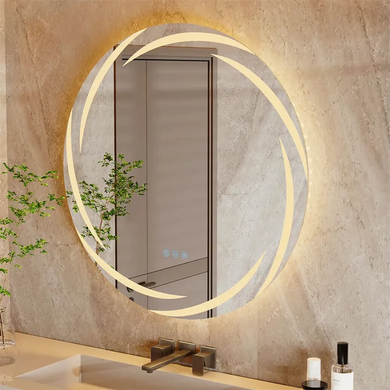 Spiegel - Badkamerspiegel - Make-upspiegel - Ronde Spiegel - met Verlichting - Wervelwind Patroon - Dimbaar - met 3 Kleuren - Anti-condens Geheugen - 20W - 4080 lm - 50/60Hz - IP44 - 60 x 60 cm