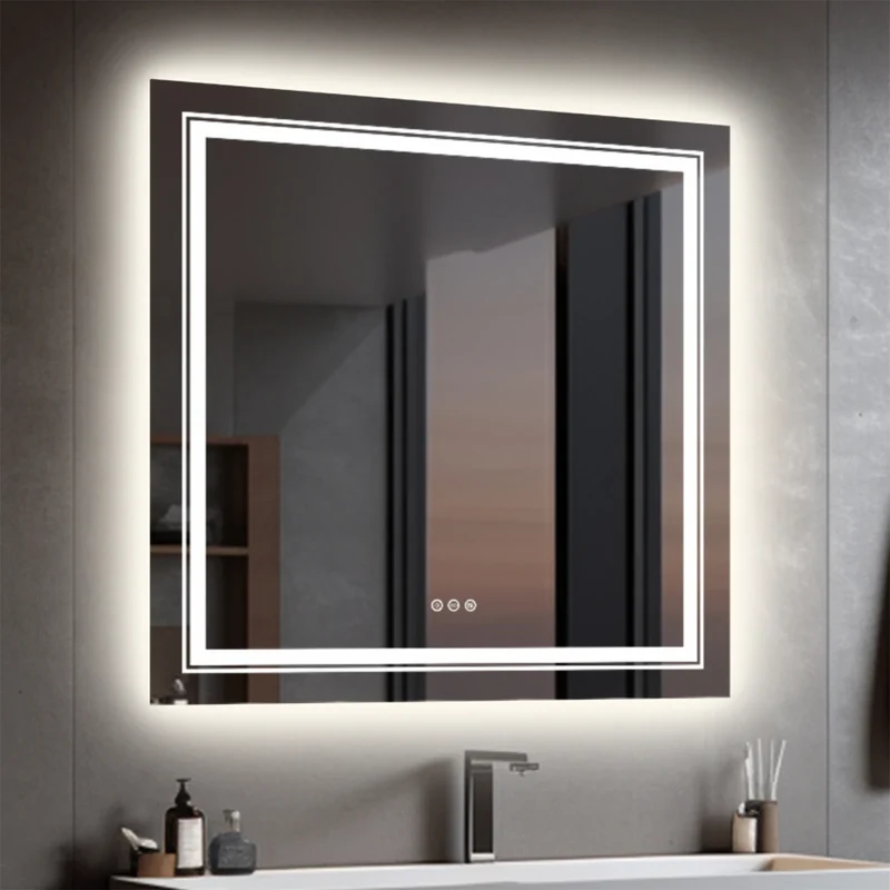 Spiegel - Badkamerspiegel - Make-upspiegel - Vierkant Spiegel - met Dimbare Verlichte - 3 Kleuren - Aanraaksensor - Voorruitverluchting - IP65 Waterdichte - 110-240V - 80 x 80 cm