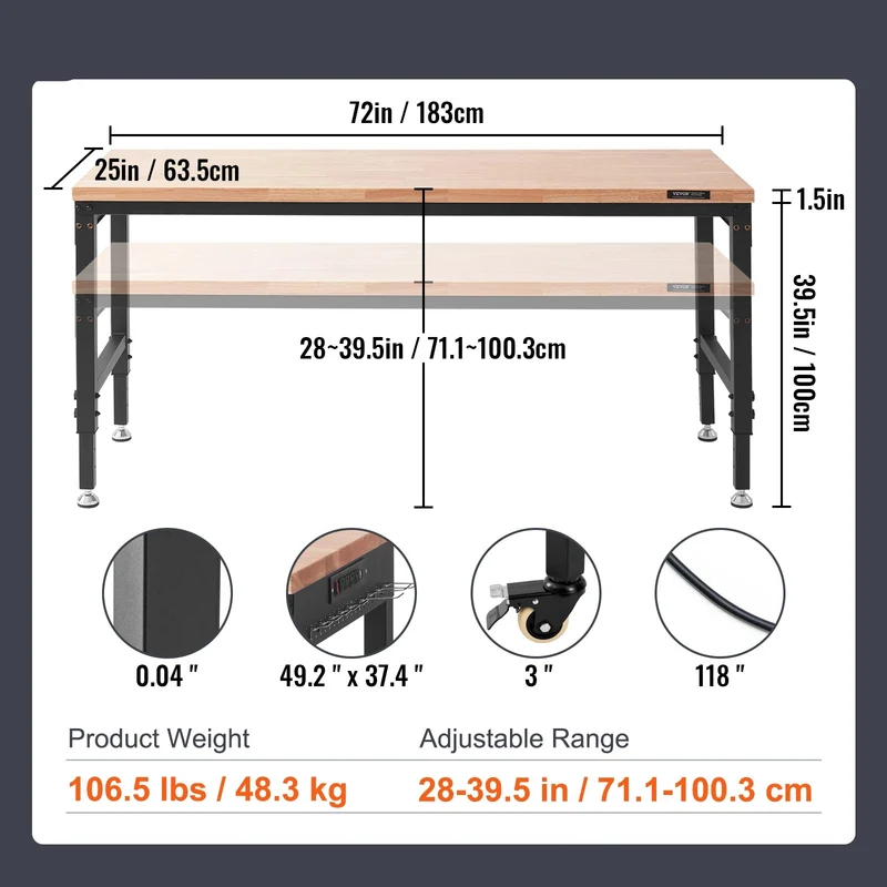 Werkbank – Werktafel – Werkbankje – Werkplek – Verstelbaar 71-100 Cm – Draagkracht 3000lbs – Massief Rubberhout