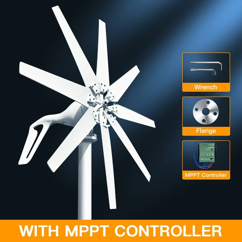 Horizontale Windturbine – Windmolen – Windgenerator – Energieopwekker – 1000 Watt – 8 Bladen – 24V DC