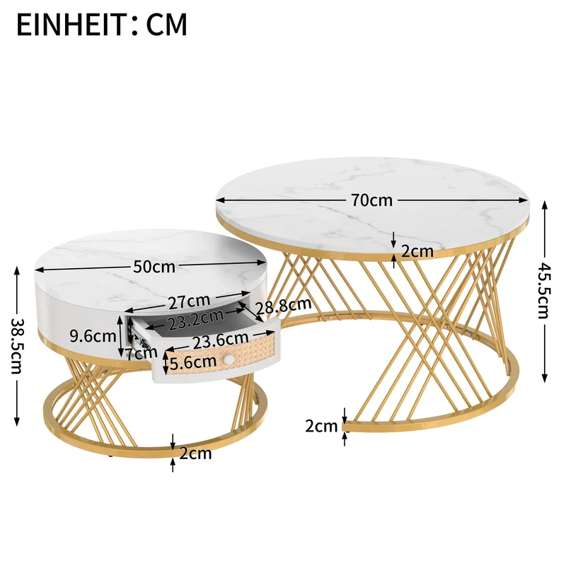 Salontafel – Bijzettafel – Opbergtafel – Woonkamertafel – Compact – Marmerlook Blad – Opberglade - Wit
