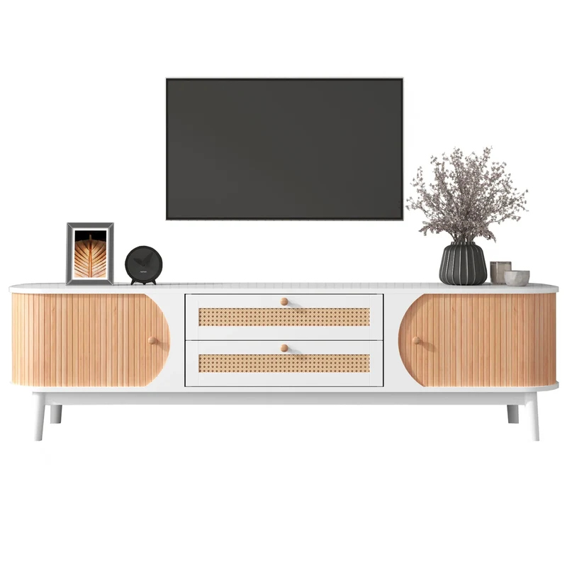 TV-Kast – Tv-Meubel – Houten Kast – Woonkamermeubel – Massief Hout – Handgevlochten Rattan Laden – Schuifdeursysteem