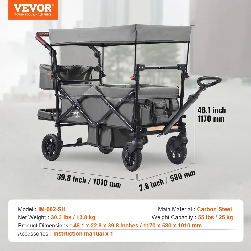 VEVOR Wagon Stroller for 2 Kids Push Pull Quad Collapsible Stroller with Adjustable Handle Encircling Harness Removable Canopy