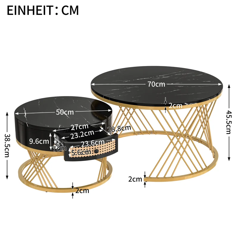 Salontafel – Bijzettafel – Opbergtafel – Woonkamertafel – Compact – Marmerlook Blad – Opberglade - Zwart