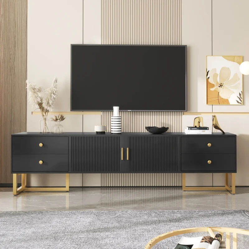 Tv-Meubel – Tv-Kast – TV-Meubel – Dressoir – Zwart Met Gouden Pootjes – Geschikt Voor Televisies Tot 79 Inch – Vier Lades En Centrale Kast - Zwart