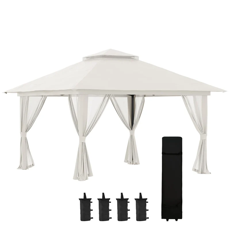 Tuinpaviljoen - Vouwtent – Pop-Up Tent – Opvouwbare Tent – Beschutting Tent – Verstelbare Hoogte – Waterafstotend Oxford Polyester – Metalen Frame - 4 x 4 m - Crème