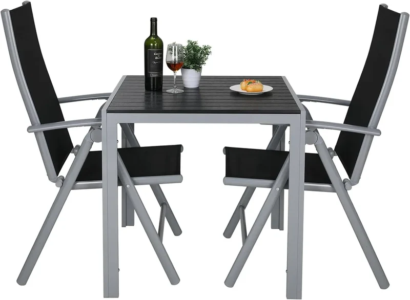 Tuinmeubelset – 3-Delige Tuinset – Patio Dinerset - Tuinmeubel – Balkonset – Terrasmeubilair – Aluminium Frame – 7-Standen Verstelbare Stoelen - Zwarte & Zilveren Rand