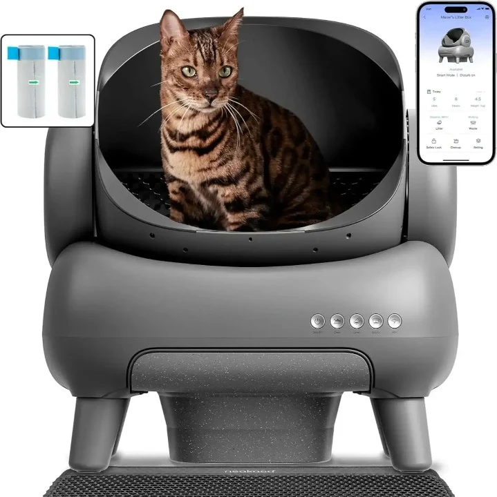 Automatische Kattenbak - Kattenbakvulling - Kattentoilet - Zelfreinigende - Bovenopen - met Mat - App – 7,17 Liter Capaciteit – Infrarood Sensoren - Grijs
