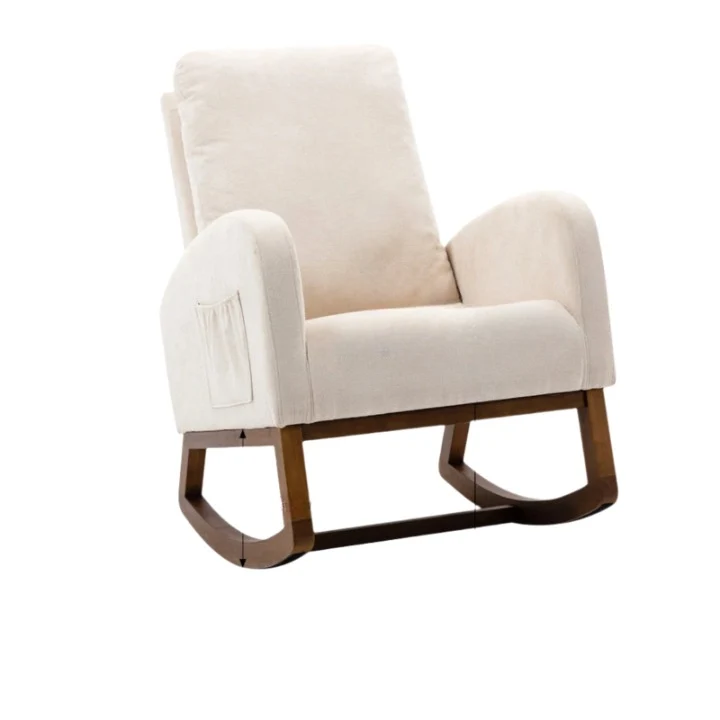 Schommelstoel – Schommelstoel Met Kussen – Relaxstoel – Houten Stoel – Ergonomisch Ontwerp – Hoog Rugleuning – Linnen Kussen - 68.98 x 94 x 100.84 cm - Beige
