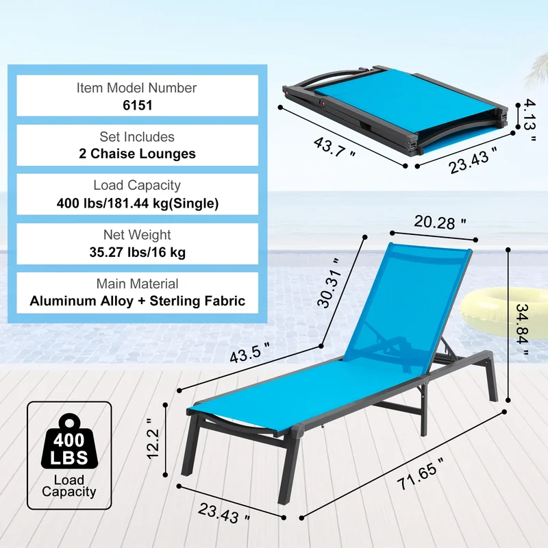 Ligstoel – Verstelbare Ligstoel – Tuinstoel – Strandstoel – Balkonstoel – 5 Verstelbare Standen – Lichtgewicht Aluminium Frame - Blauw - 35.27lbs